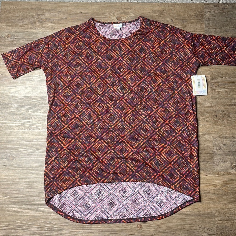 LuLaRoe Women’s Oversized Black Purple Red Orange Irma Short Sleeve Tee, sz Med
